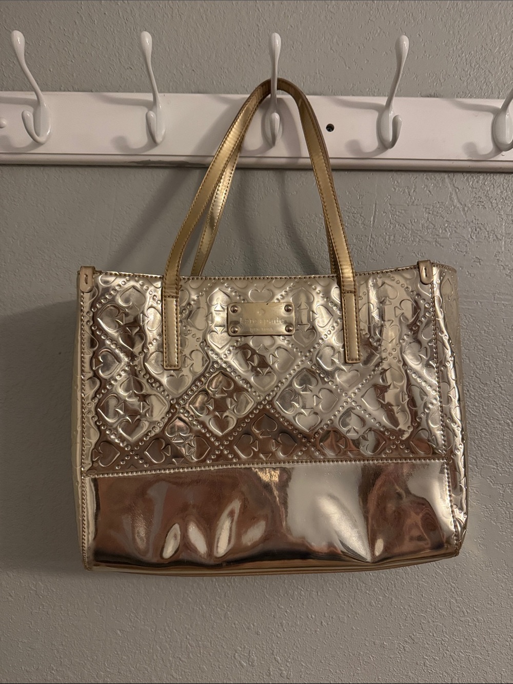 Kate Spade Metallic Gold Tote Bag with Heart-Patterned Embossing